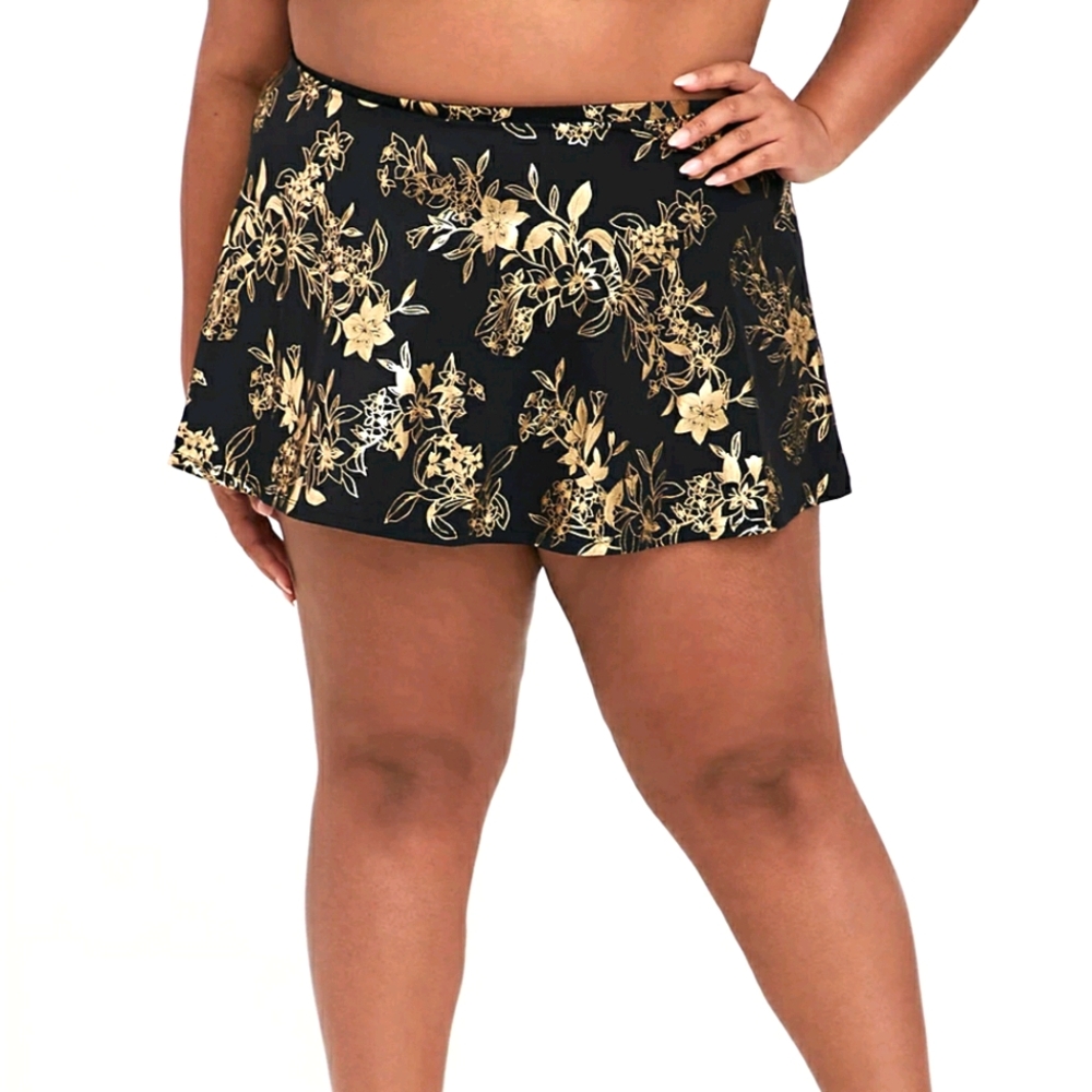 Black & Gold Floral High Waist Skater Swim Skirt